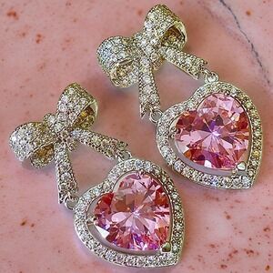NEW Rhinestone Bow Heart Earrings‎ Pink Gemstone Studded Clear Stones Dangle